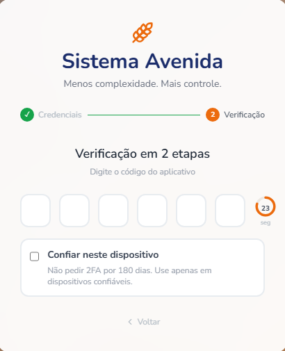 TOTP verification screen on a later login: no QR code, just the six-box code input, a 23-second countdown ring next to it, and the trust-this-device checkbox