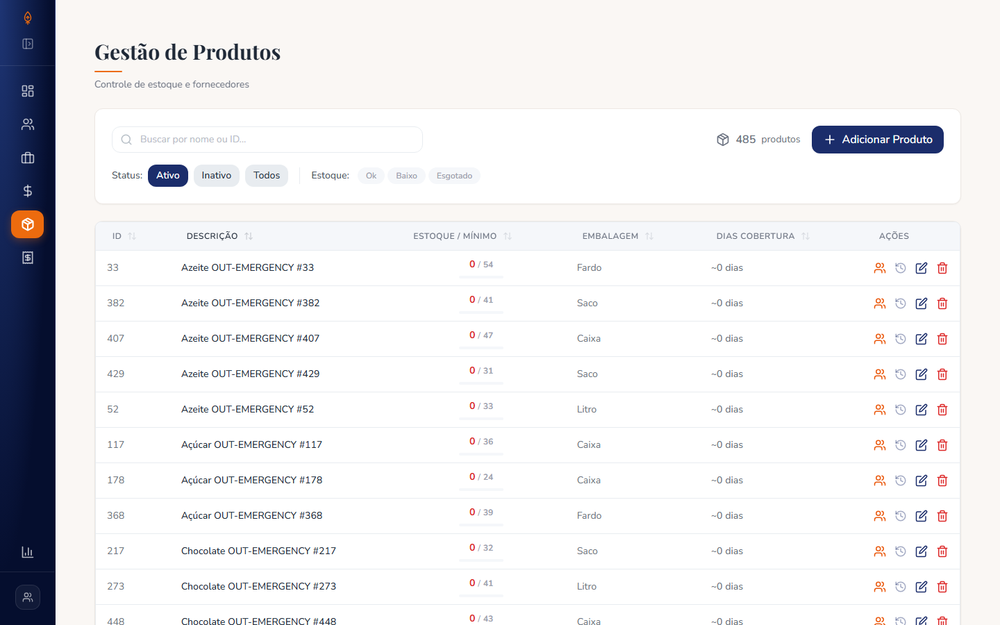 Products list screen with a status filter set to Active, showing a filtered table of inventory items